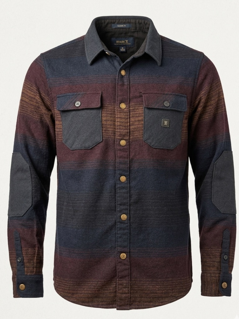 Roark Nordsman Flannel Shirt Mens M Navy Brown Striped Wool Blend Elbow Patch